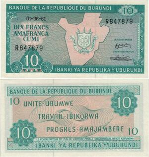 Banknote Burundi 10 Francs 1981 UNC -> Make offer