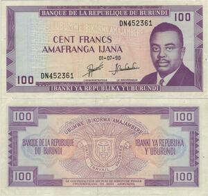 Banknote Burundi 100 Francs Prince Rwagasore 1990 UNC