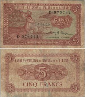 Rare Banknote Rwanda-Burundi  5 Francs  1960 -> Make offer