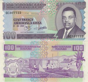 Banknote Burundi 100 Francs Prince Rwagasore 2001 UNC