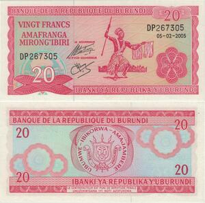 Banknote Burundi 20 Francs  2005 UNC -> Make offer