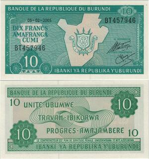 Banknote Burundi 10 Francs  2005 UNC -> Make offer