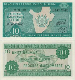 Banknote Burundi 10 Francs  2005 UNC -> Make offer