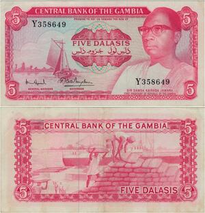 Banknote The Gambia 5 Dalasis President D. Kairaba Jawara 1972