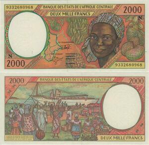 Banknote Central African States 2000 Francs 1998 UNC