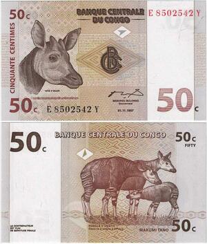 Q1638 Banknote Congo Démocratique 50 Centimes Okapi Epulu 1997 UNC -> Make offer