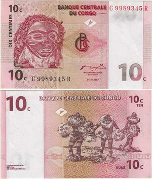 Q1639 Banknote Congo Démocratique 10 Centimes Masque Pende 1997 AU -> Make offer