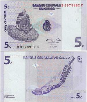 Q1640 Banknote Congo Démocratique 5 Centimes Masque Suko Harpe Zande 1997 UNC