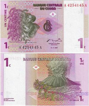 Q1646 Banknote Congo Démocratique 1 Centime Café Volcan Nyragongo 1997 UNC