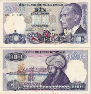 Q1684 Banknote Turkey 1000 Lira Mustafa Kemal Atatürk & Mehmed II 1986