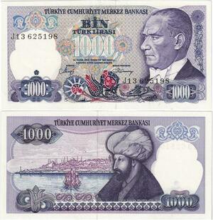 Q1693 Banknote Turkey 1000 Lira Mustafa Kemal Atatürk Mehmed II 1986 -> M offer