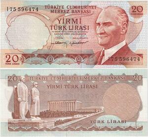 Q1694 Banknote Turkey 20 Lira Mustafa Kemal Atatürk 1970 UNC -> Make offer