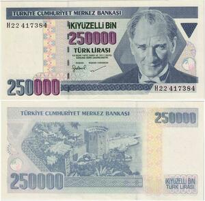 Q1702 Banknote Turkey 250000 Lira Mustafa Kemal Atatürk 1998 UNC -> Make offer