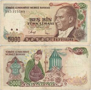 Q1706 Banknote Turkey 5000 Lira Mustafa Kemal Atatürk 1990 -> Make offer