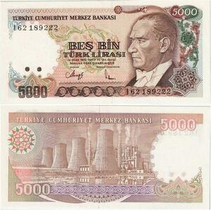 Q1707 Banknote Turkey 5000 Lira Mustafa Kemal Atatürk 1992 UNC -> Make offer