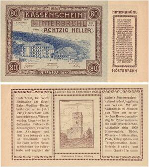 Q3611 Austria Notgeld 80 Heller Hinterbruhl Bei Wien Hotel Radetzky 1920 UNC