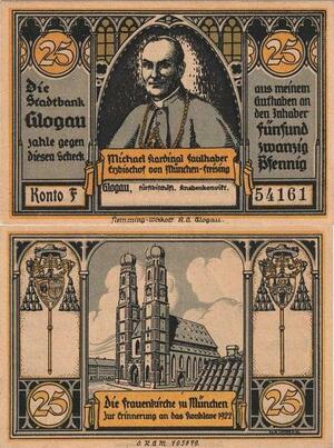 Q4115 Banknote Germany Glogau 25 Pfennig Cardinal Michael 1922 AU - Make Offer