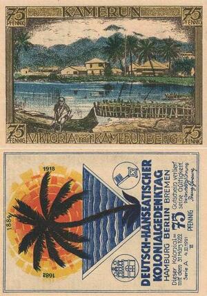 Q4118 Banknote Germany Kamerun 75 Pfennig Viktoria mit Kamerunberg 1921 AU 