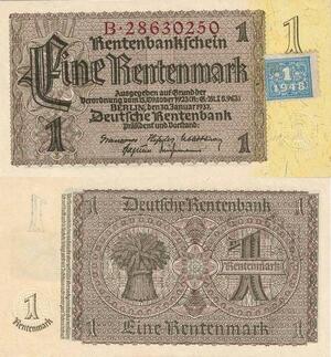 Q4140 Banknote Germany Berlin 1 Rentenmark Rentenbankschein 1948 Stamp 1937 UNC