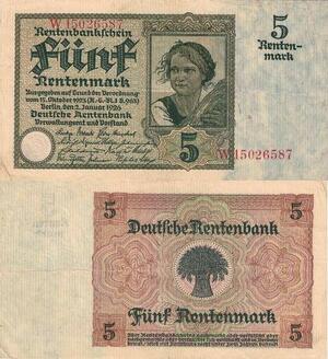 Q4146 Banknote Germany 5 Rentenmark Rentenbankschein Berlin 1926 - Make Offer