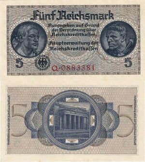 Q4152 Banknote Germany 5 Reichsmark Reichstag entrance 1940-1945 AU - Make Offer