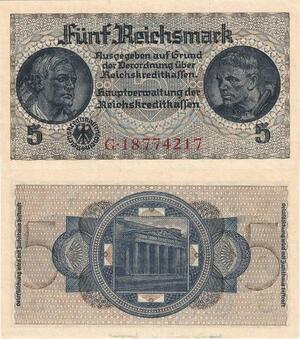 Q4153 Banknote Germany 5 Reichsmark Reichstag entrance 1940-1945 AU - Make Offer