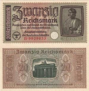 Q4154 Banknote Germany 20 Reichsmark Dürer Brandenburg Gate 1940-1945 AU - Offer
