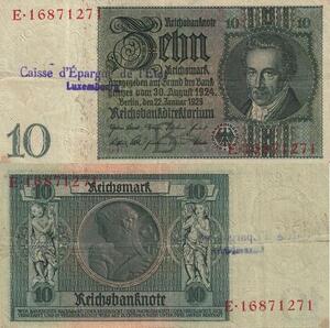 Q4157 Banknote Germany Berlin 10 Reichsmark Luxembourgish Stamp Letter B 1929