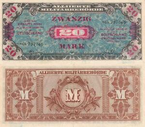 Q4181 Banknote Germany 20 Mark Soviet Printing Alliierte Militarbehorde 1944 