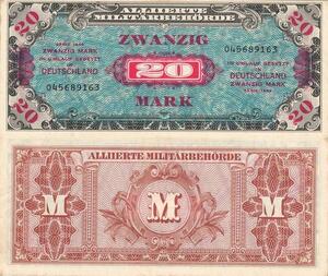 Q4182 Banknote Germany 20 Mark Alliierte Militarbehorde American Printing 1944 