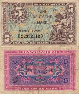 Q4194 Banknote RFA Germany 5 Deutsche Mark Allied Occupation 1948 