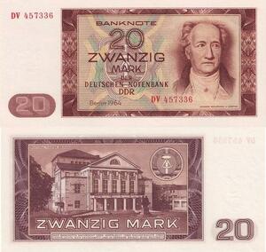 Q4206 Banknote Germany 20 Mark Goethe National Theatre Weimar Berlin 1964