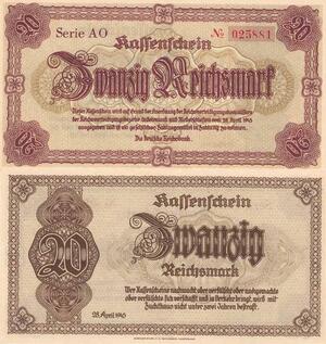 Q4220 Banknote Germany 20 ReichsMark WWII, stylized frames 1945 - M Offer
