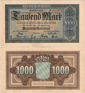 Q4225 Banknote Germany 1000 Mark Bayerische banknote Munich 1922 - M Offer