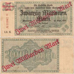 Q4228 Banknote Germany 20 Millionen Mark/20 Billion Mark Badische Bank 1923