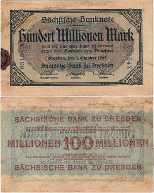 Q4234 Banknote Germany 100 Million Mark Sächsische Bank Dresden 1923