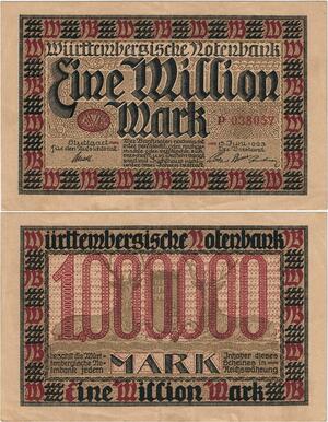 Q4242 Banknote Germany Stuttgart 1 Million Mark Würtembergische Bank 1923 AU 
