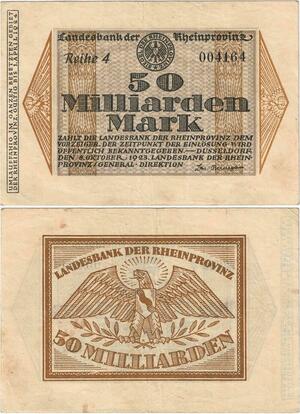 Q4245 Banknote Germany Dusseldorf 50 Milliarden Mark Rheinprovinz 1923
