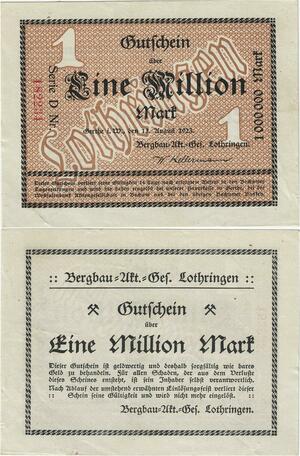 Q4246 Banknote Germany Lothringen 1 Million Mark Bergbau Bochum Notgeld AU 