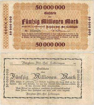 Q4247 Banknote Germany Lothringen 50 Millionen Mark Bergbau Bochum Notgeld