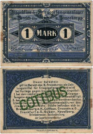 Q4251 Banknote Germany 1 Mark Inspektion Bereich Linden Cottbus 1914 - 1919