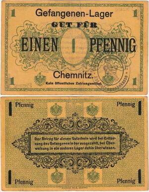 Q4252 Banknote Germany 1 Pfennig Gefangenen-Lager Chemnitz Stamp 1914-1919