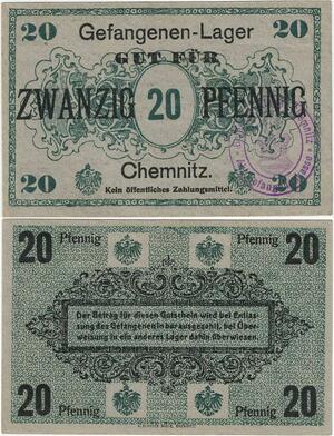 Q4253 Banknote Germany 20 Pfennig Gefangenen-Lager Chemnitz Stamp 1914-1919 AU