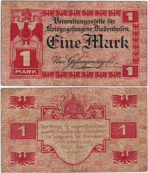 Q4259 Banknote Germany 1 Mark Kriegsgefangene Diedenhofen Thionville 1914