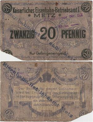 Q4263 Banknote Germany 20 Pfennig Kaiserliches Eisenbahn Betriebszmtl Metz 1914