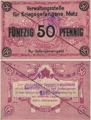Q4266 Banknote German 50 Pfennig Verwaltungsstelle für Kriegsgefangene Metz 1914