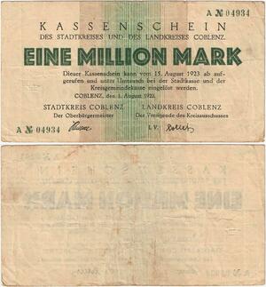 Q4270 Banknote Germany Koblenz 1 Million Mark Kassenschein 1923 - Make Offer