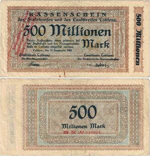 Q4273 Banknote Germany Coblenz 500 Millionen Mark Kassenschein 1923 - Offer