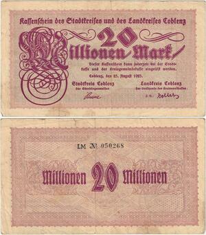 Q4274 Banknote Germany Coblenz 20 Millionen Mark Kassenschein Coblenz 1923 - Offer