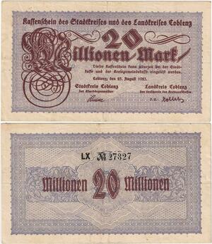 Q4275 Banknote Germany Coblenz 20 Millionen Mark Kassenschein 1923 - Offer